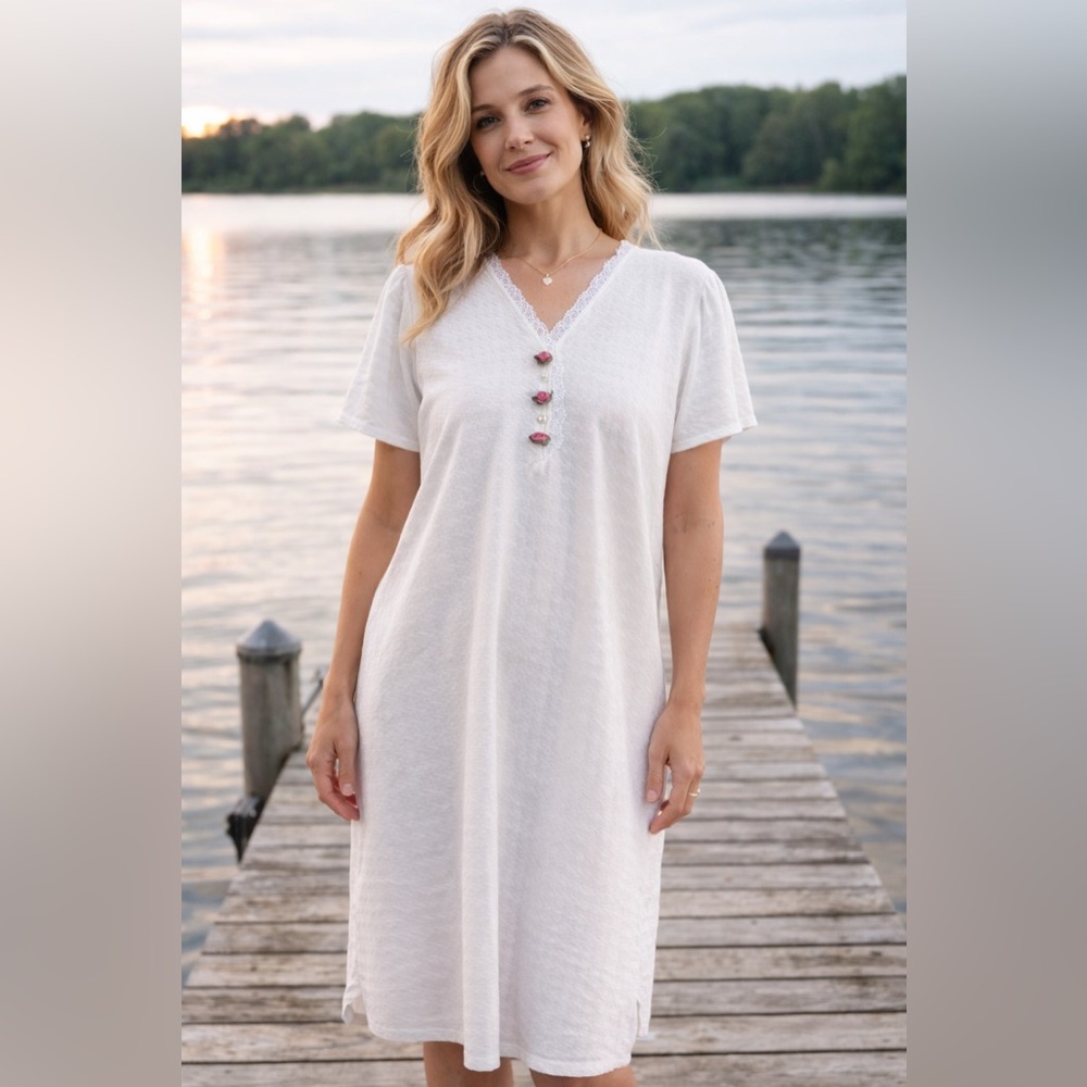 Rachel Zoe White Eyelet Lace Trim Nightgown Dress Size S Cottagecore